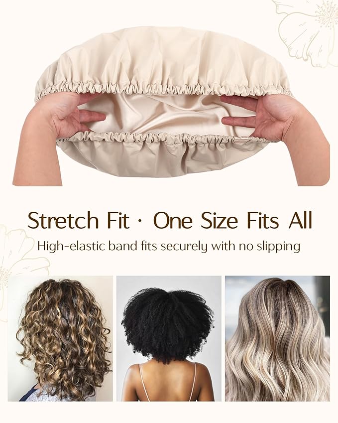 Yanibest Satin Lined Shower Cap for Women Reusable Waterproof, Frizz Free & Large Bath Cap with Soft Elastic Band, Luxury Hair Protection Caps (Beige)