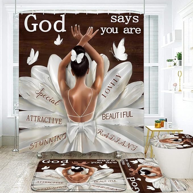 LQCOOL 4Pcs Black Girl Shower Curtain Set, Ballet Girl Bathroom Sets, Waterproof Bathroom Sets with Shower Curtain and Rugs, Shower Curtain with 12 Hooks