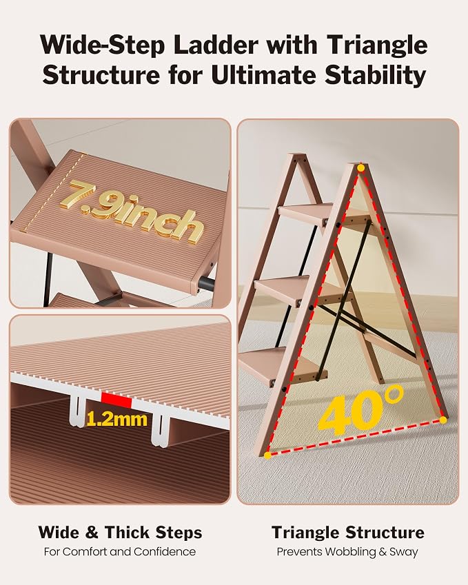 3 Step Ladder, Aluminum Lightweight Folding 3 Step Stool with Anti-Slip Wide Pedal, 330lbs Capacity Ladder for Household,Library,Office(Light Peach Pink)