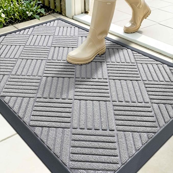 OLANLY Front Door Mat Outside Entrance 35x23, Absorbent, Heavy Duty Sturdy Natural Rubber Doormat Indoor Outdoor, Stain Fade Resistant, Non-Slip Low Profile Floor Mat for Entryway, Light Gray Diamond