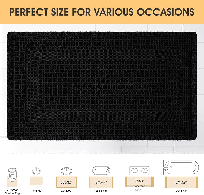 Upgrade Waffle Bath Mat, Boho Bathroom Rugs Absorbent Non Slip, Ultra Soft Bathroom Mat, Machine Washable Knit Bath Rugs with Tassels for Bathroom, Bedroom, Kitchen, Shower, Tub, Black, 36"x24"