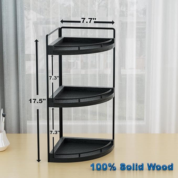 Corner Bathroom Counter Organizer, 3 Tier Bathroom Sink Shelf Countertop, Wood Vanity Skincare Storage for Toiletries Decor, Makeup, Dresser(Black)