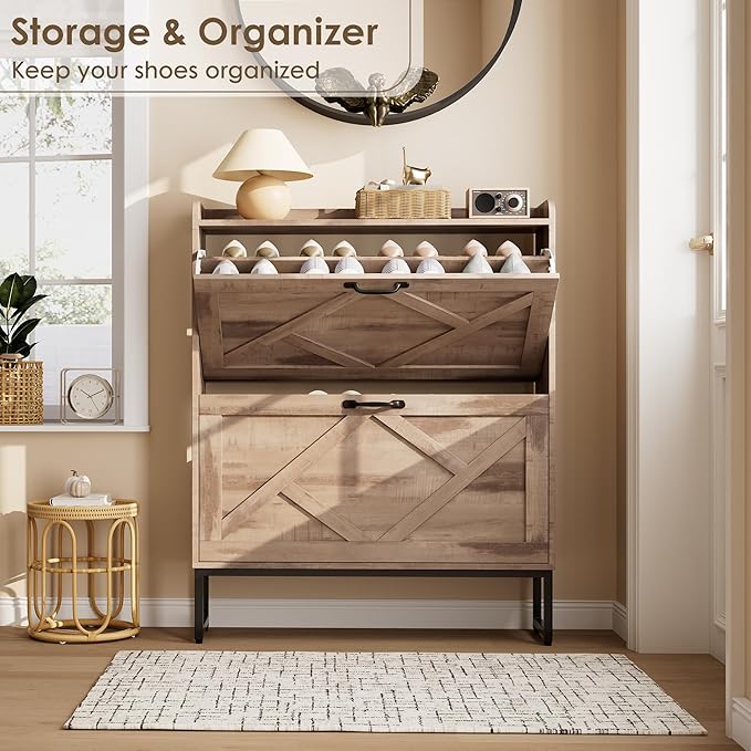 Nicetree Shoe Cabinet with 2 Flip Drawers，Freestanding Shoe Storage Cabinet, Narrow Shoe Organizer Cabinet, Farmhouse Slim Shoe Rack Cabinet for Entryway,Toasted Oak