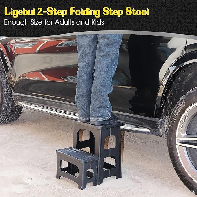 2-Step Stool Foldable, Plastic Steps Stool Folding Step Ladder Two Step Stools Collapsible Step Stools for Adults for Kitchen Home Bathroom RV-Black