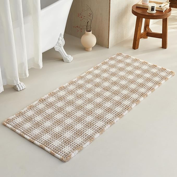 TYUU Waffle Runner Rug Bathroom, Long Boho Bathroom Rugs Non Slip Washable Absorbent Checkered Bathroom Mat Quick Dry Farmhouse Bath Mat, 60"x24" Khaki and White