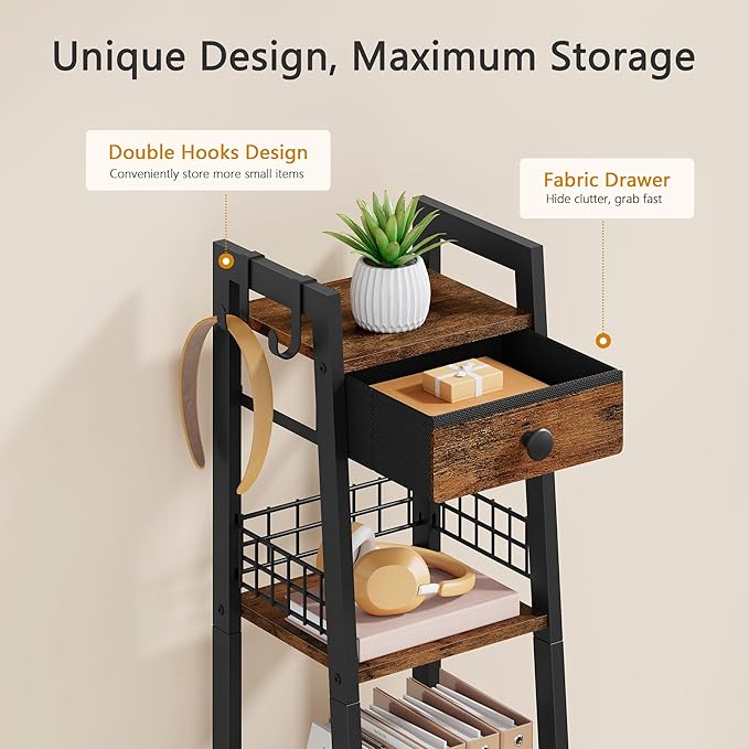 Gewudraw 4-Tier Narrow Ladder Shelf with Drawer, Bathroom Table Stand for Small Space, Narrow Bathroom Standing Shelves with Storage for Living Room Bedroom Kitchen, Organizer Shelf, Rustic Brown