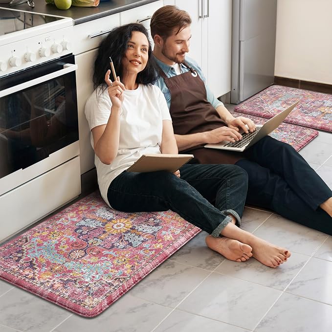 KIMODE Anti Fatigue Kitchen Mat, Cushioned Boho Kitchen Rugs Sets of 2, Non Slip Farmhouse Kitchen Mat for Floor, Waterproof Standing Desk Mat for Laundry, Office, Sink Fuchsia/Multi 17"x59"+17"x29"