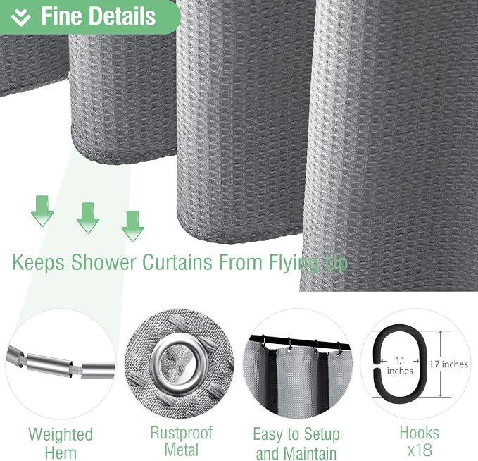 Dynamene Extra Wide Shower Curtain-108 Inch Wide Waffle Weave Weighted Thick Cloth Bathroom Shower Curtain, Neutral Heavy Duty Hotel Bath Curtain Set with 18 Plastic Hooks,108x72, Grey/Gray
