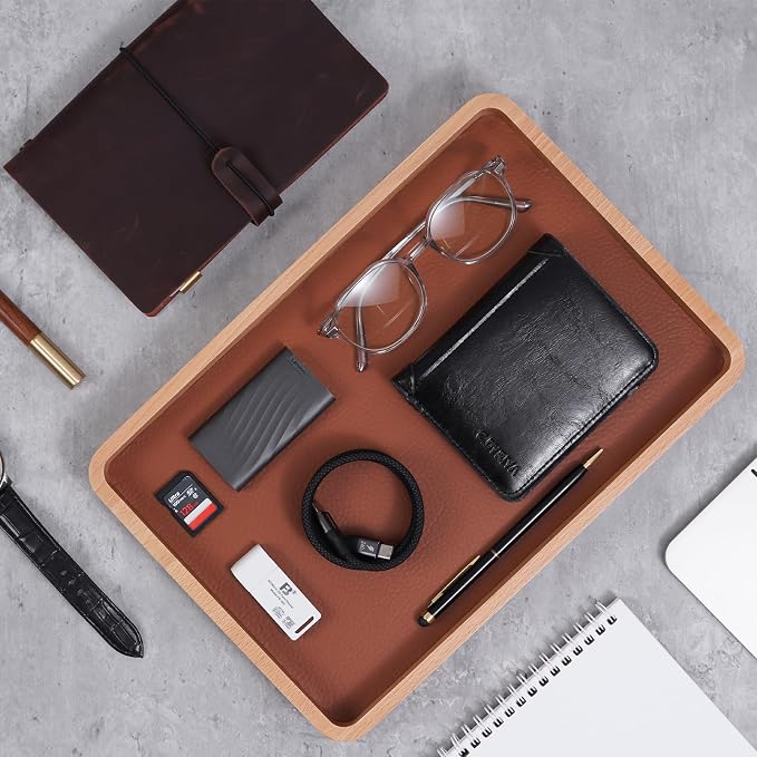 ProCase Wooden Valet Tray for Men, Wood Catch-All EDC Organizer, Fathers Day Gift, Nightstand Entryway Bedside Dump Holder for Wallets, Keys, Watches, Phones, Loose Change, Trinkets -LightBrown