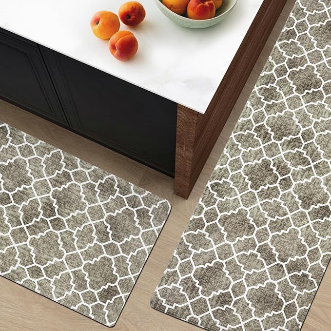 FRESHMINT Kitchen Mat Set of 2, Anti-Fatigue Cushioned Kitchen Mats for Floor, Waterproof Non Slip Comfort Standing Mat, Boho Kitchen Rug for Kitchen Decor, Sink, Office, 17"x30"+17"x47", Khaki Tan