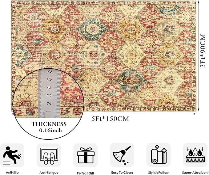 Lahome Moroccan Trellis Washable Small Area Rug, 3x5 Area Rug for Bedroom Living Room, Non-Slip Oriental Accent Throw Carpet for Kitchen Office Entryway Bathroom Office Elise, Red/Orange