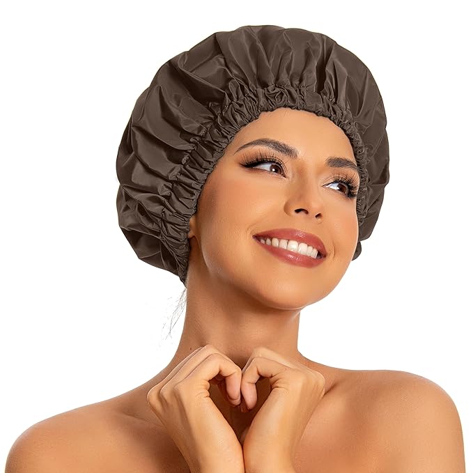 Reusable Shower Cap for Women, Large Waterproof Shower Bonnet with Elastic Band, Washable Bath Hair Cap for Long, Curly Hair, Braids, Daily Shower, Home Spa, Travel(Dark Coffee)