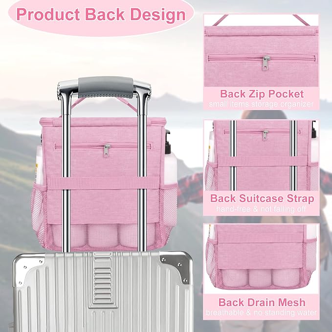 Attmu Shower Caddy Portable for Dorm Room Essentials, Hanging Shower Bag for College, Large Capacity Mesh Shower Caddy for Bath Essentials (Light Pink)