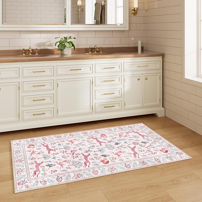 DUKINO 2x4 Rug for Hallway, Washable Kitchen Runner Rug with Non Slip Backing, Soft Low Pile Vintage Animal Runner for Bedroom, Kitchen, Hallway, Entryway, Laundry, Pink
