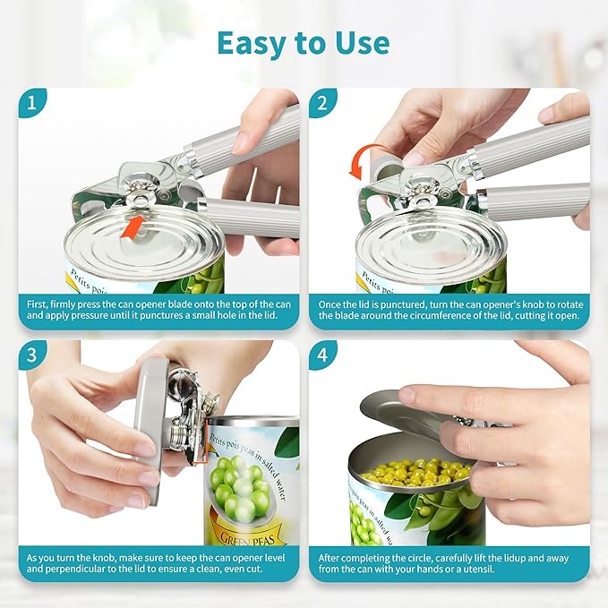 Ultrean Manual Can Opener Bottle Opener, Heavy Duty Stainless Steel Smooth Edge Manual Hand Held Can Opener With Soft Touch Handle, Rust Proof Oversized Handheld Easy Turn Knob (Light Gray)