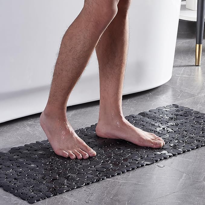 Webos Bath Shower Mat Non Slip: Extra Large Pebble Bathtub mat for Families, Anti Slip Shower Matt with Drain Holes Suction Cups Tub Mat - 16 X 40 Inch Black