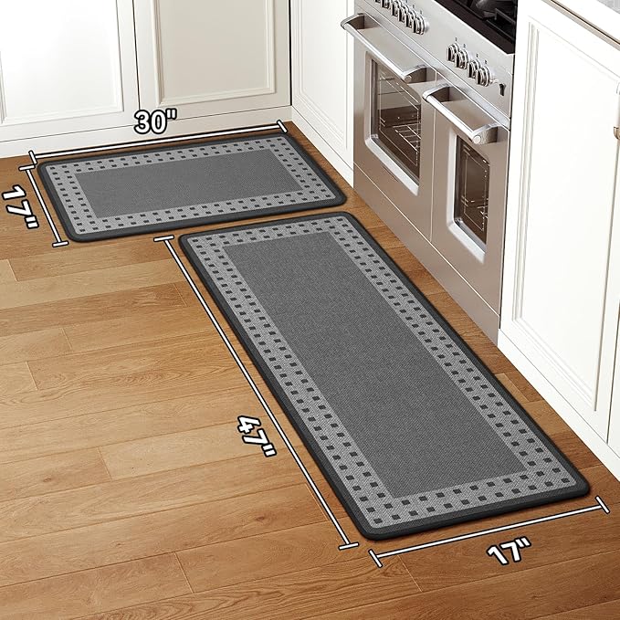Kitchen Mats for Floor, 17''x30''+17''x47''Kitchen Rugs Set of 2, Washable Absorbent Kitchen Mat Non Slip, Braided Kitchen Runner Rug, Kitchen Sink Rug, Grey