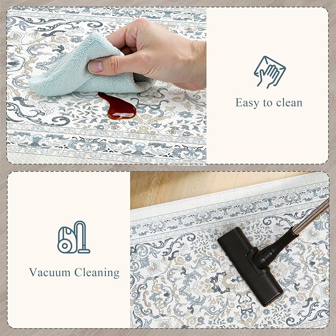 KIMODE Kitchen Floor Mats Cushioned Anti Fatigue,Boho Vintage Floral Rugs Sets of 2,Ergonomic Memory Foam Carpet Non Slip, Comfort Runner for Sink Laundry Office,Light Blue 17"x29.5"+17" x47”