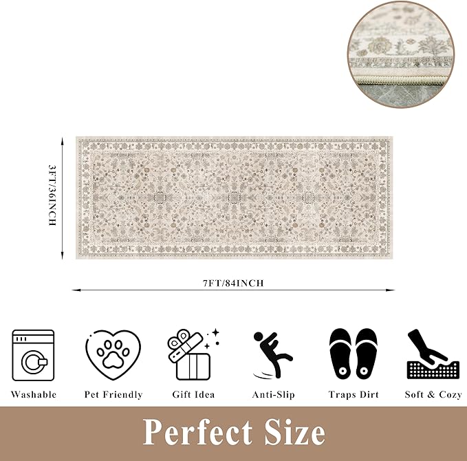 3x7 Washable Non-Slip Kitchen Runner Rug – Soft Low-Pile Stain-Resistant Carpet for Hallway Entryway Bedroom Laundry Room Bathroom – Boho Floral Wide Floor Runner with Rubber Backing (Beige,3x7)