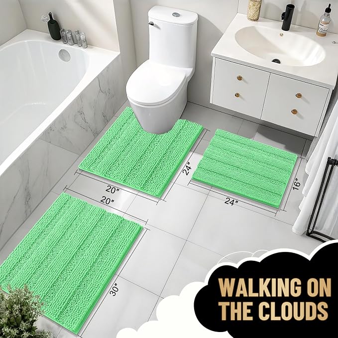 OLANLY Thick Bathroom Runner Rugs 44x24, Extra Absorbent Chenille Striped Bath Rugs, Rubber Backing, Machine Wash Dry, Long Bath Mats for Bathroom, Tub and Shower, Home Decor Accessories, Mint Green