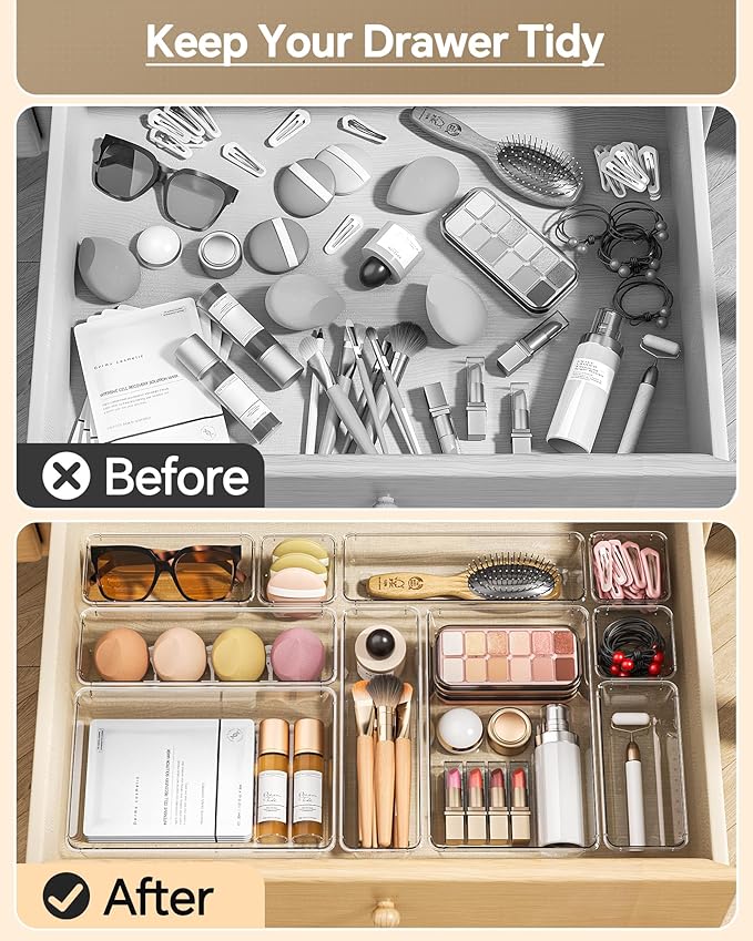 KEMETHY 25 PCS Plastic Drawer Organizers Set, 4 Sizes Vanity Organizer, Makeup and Desk Drawer Organizer Trays, Organization and Storage for Makeup, Bathroom, Kitchen Utensils and Office (Clear)