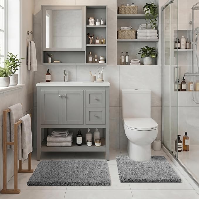 Yimobra Bathroom Rugs Non Slip Washable, Ultra Soft and Water Absorbent Bath Mats, Plush Fluffy Shower Mat Outside, Microfiber Thick Matts for Bathroom Floor/Sink, 24x17, Pure Gray