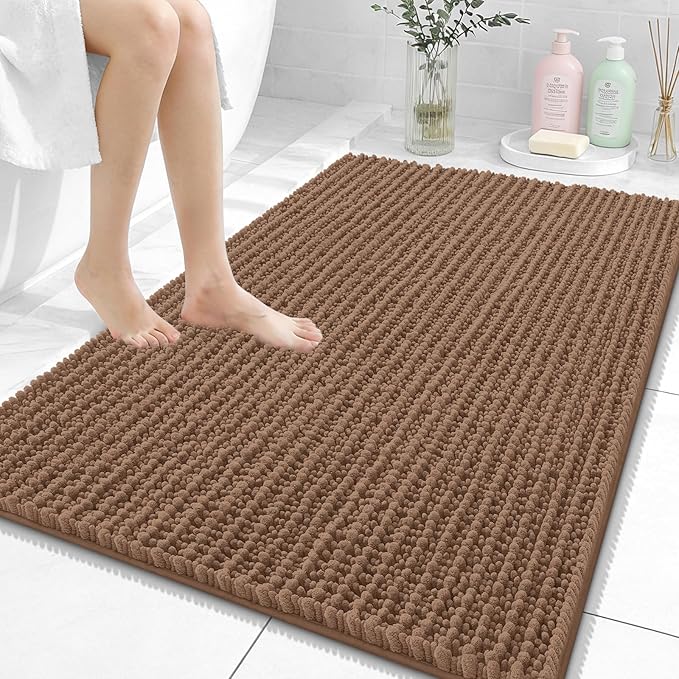 OLANLY Bathroom Rug Mat 40x32, Thick Soft and Absorbent Chenille Bath Mat, Non-Slip Rubber Backing, Machine Washable Quick Dry Bath Rugs for Tub Shower Floor, Home Decor Accessories, Mocha