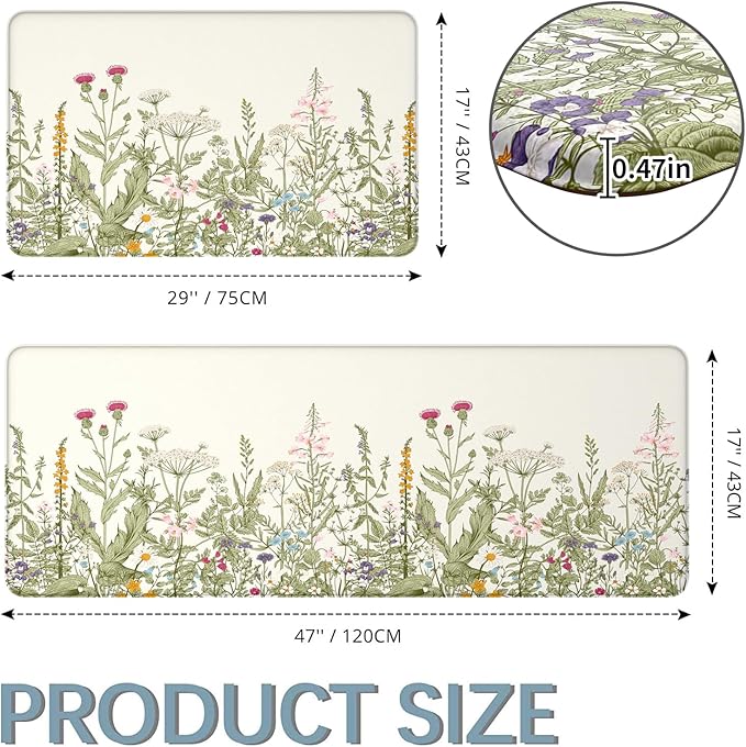 MAYHMYO Anti Fatigue Kitchen Mat for Floor Set of 2 Colorful Floral Plants Cute Vintage Comfort Mats Cushioned Non Slip Waterproof Kitchen Rugs Standing Kitchen Mats for Floor House Sink Office