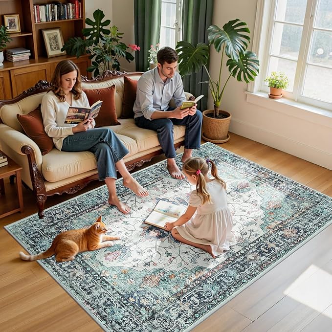RELEANY Area Rugs 5'x7' Washable Non-Slip, Floral Vintage Distress Medallion Carpet for Living Room Bedroom Dining Room, Green Navy Blue White Red Teal