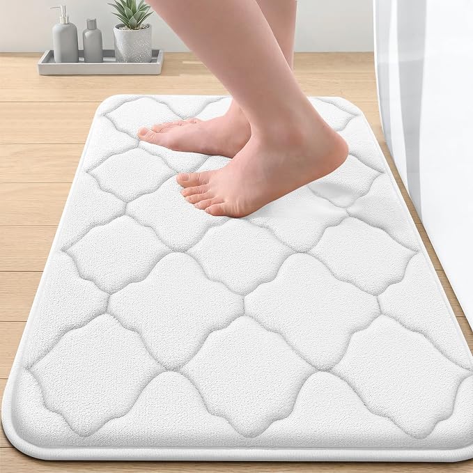 OLANLY Memory Foam Bath Mat Rug 24x16, Ultra Soft and Absorbent Bathroom Rugs, Non-Slip, Comfortable, Machine Washable Bath Carpet for Bathroom Floor, Tub, Shower and Home Decor Accessories, White