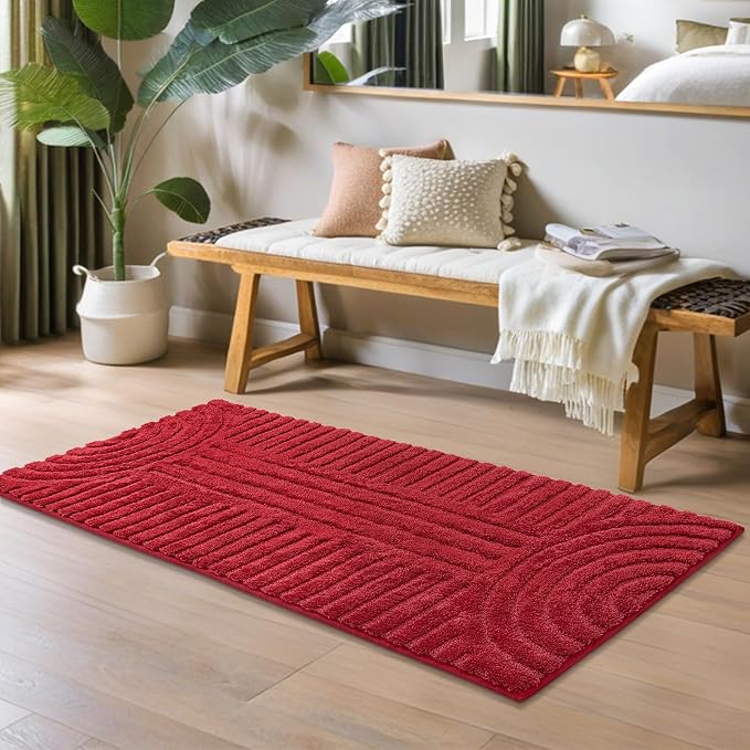 SHACOS Super Soft Bathroom Runner Rugs 24"x60" Non Slip Boho Bath Mats Microfiber Absorbent Carpet for Bath Room Machine Washable Shaggy Bath Rugs for Shower Bathtub Home Decor, Red 2'x5'