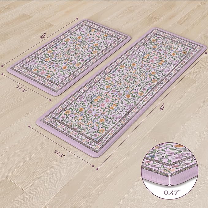 KIMODE Anti Fatigue Kitchen Mat, Cushioned Boho Kitchen Rugs Sets of 2, Farmhouse Kitchen Mats for Floor Non Slip, Waterproof Standing Desk Mats for Laundry Office Sink Purple 17.3"x29"+17.3"x47"
