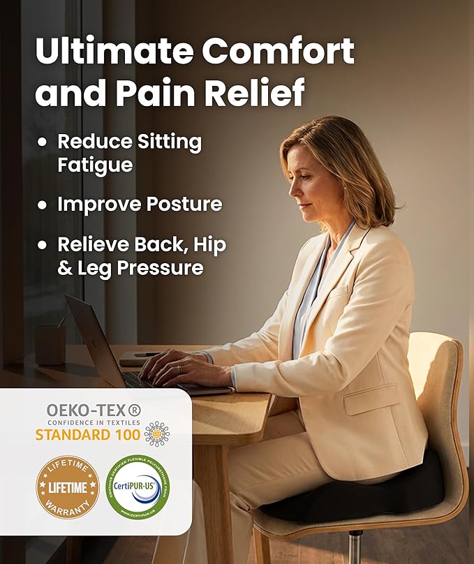 Doctor Recommended Memory Foam Seat Cushion for Office Chairs & Car - Ergonomic Office Desk Accessories - Cushions for Tailbone Pain Relief, Sciatica