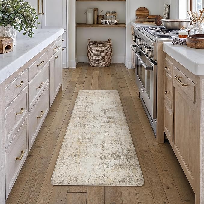 Kitchen Mats for Floor Set of 2 Anti Fatigue Waterproof Kitchen Rug Beige Grey Abstract Cushioned Non-Slip Kitchen Mats Comfort Standing Neutral Mat for Sink Laundry Office 17.3"×47"+17.3"×30"
