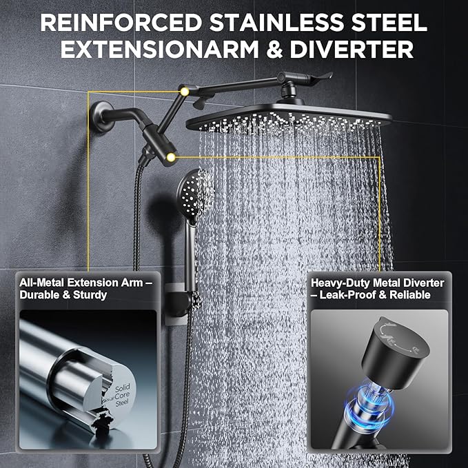 Veken 11.8" Rain Shower Head with Handheld, High Pressure Handheld Shower Heads with Multi Spray Modes, Rainfall Combo with 15" Metal Extension Arm,Detachable Dual Shower, Long 6 ft. Hose,Matte Black