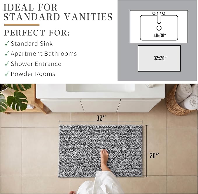 Yimobra Bathroom Rugs Non Slip Washable 32x20 Inch - Ultra Soft Absorbent Chenille Bath Mat, Quick Dry Shaggy Floor Carpet for Tub Shower, Gray Home Decor Accessories