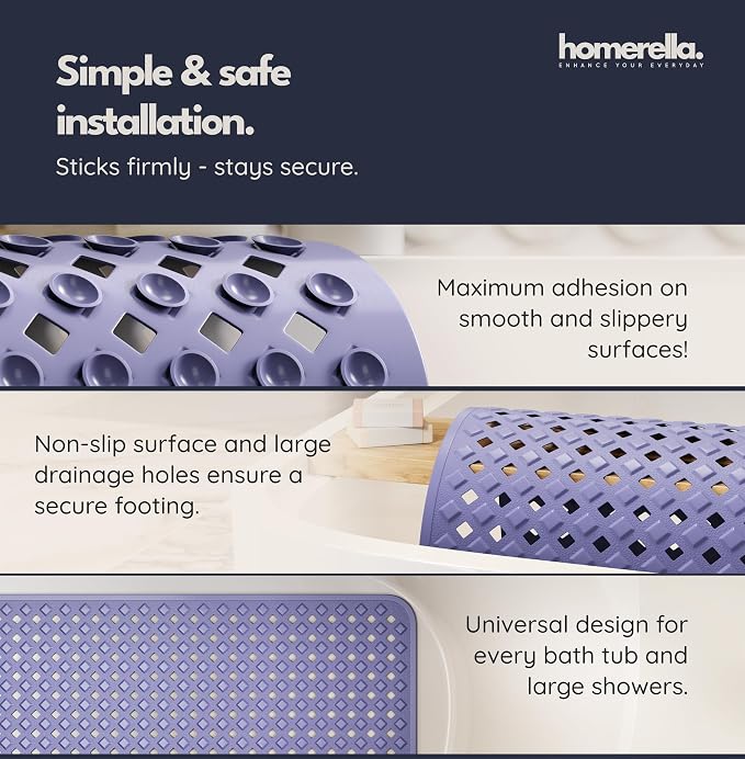 Bathtub Mat Non Slip 35x16 - homerella® Bath Mat Incl. Hooks for Drying, Extra Long, 100% BPA Free, Shower Mat Non Slip Anti Mold, Machine Washable, Shower Mats for Inside Shower Mildew Resistant