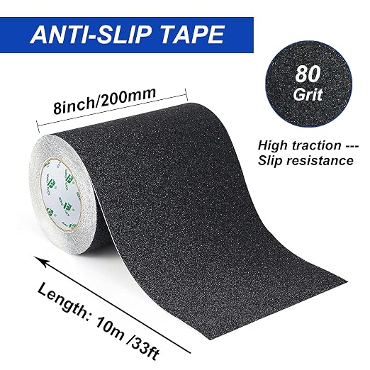 BOMEI PACK Black Anti Slip Tape, 8 Inch x 33 Foot Non-Slip Traction Grip Tape for Stairs, Waterproof Stair Treads Grip Non Slip, Non Skid Tape for Steps, Outdoor Black Grip Tape