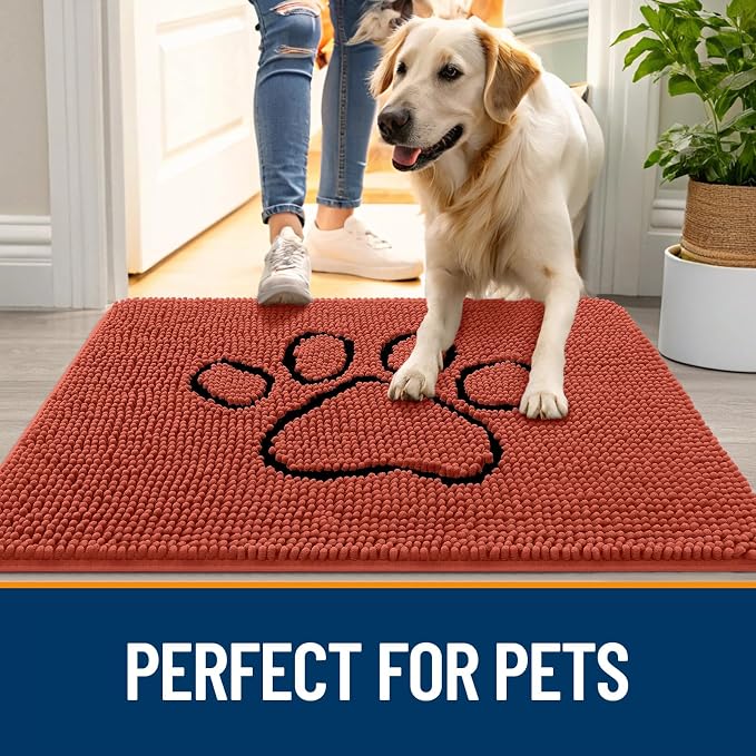 OLANLY Dog Door Mat for Muddy Paws 30x20, Paw Print Design, Absorbs Moisture and Dirt, Absorbent Non-Slip Washable Doormat, Quick Dry Chenille Mud Mat for Dogs, Entry Indoor Entryway Carpet, Maple Red