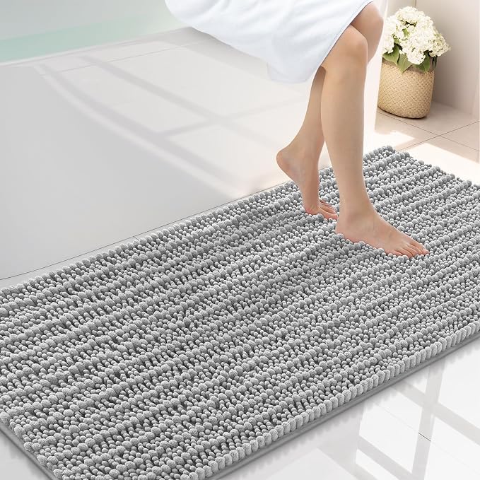 Smiry Bathroom Rugs Mat 47x24, Extra Soft Absorbent Chenille Bath Rugs, Non Slip Rubber Backing Machine Washable Quick Dry Bath Mats for Bathroom Floor, Tub, Shower, Home Decor Accessories, Light Grey