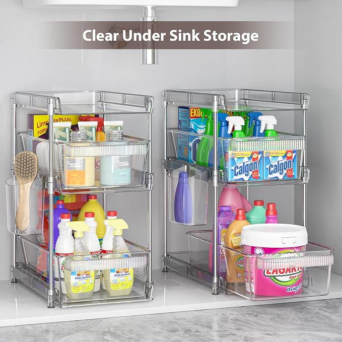 Clear Bathroom Organizers 2 Sets 3 Tier, Pull Out Organizer and Storage with 2 Cups, Slide Out Drawer Storage Container with 6 Dividers, Multi-Purpose Bathroom Organizer, Kitchen Under Sink Organizer