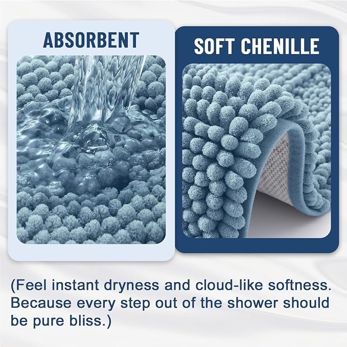 Grandaily Chenille Striped Bathroom Rugs 47x17, Extra Thick and Soft Absorbent Bath Mats, Rubber Backing, Plush Shaggy Shower Carpet, Machine Wash Dry, Bath Rug for Bathroom, Airy Blue