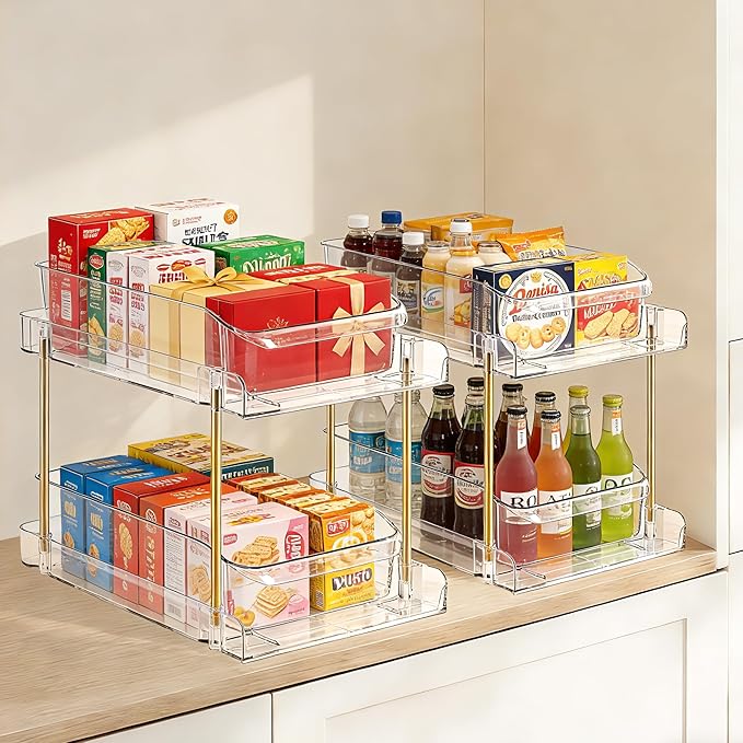 LAREKUN4pack 2-Tier Organizer & Storage Unit Stackable Bathroom Cabinet Organizer Pull-Out Kitchen Pantry Organizer & Storage System Suitable for Countertops, Pantries, Kitchens, Bathrooms