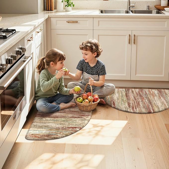 KIMODE Kitchen Mats Cushioned Anti Fatigue, Half Moon Abstract Kitchen Rugs Sets of 2, Farmhouse Padded Kitchen Floor Mats Non Slip, Ergonomic Standing Desk Mats for Sink Laundry Office Brown 18"x28"