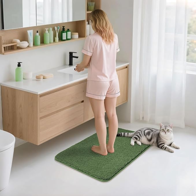 COSY HOMEER Bath Rugs for Bathroom Extra Thick- Anti-Slip Bath Mats Soft Plush Yarn Shaggy 100% Strong Mirco Polyeste Mat Living Room Bedroom Mat Floor Water Absorbent(Green,20x32 - Inches)