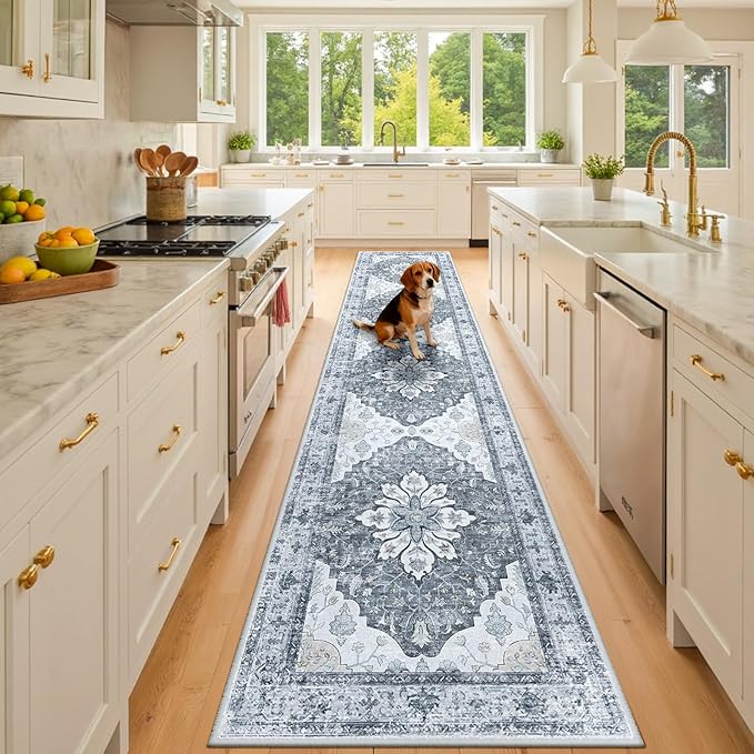RELEANY Area Rugs Runner 3'x10' Washable Non-Slip, Floral Vintage Distress Medallion Carpet for Kitchen Hallway Bedroom Beside Laundry Room Bathroom, Light Gray Grey White