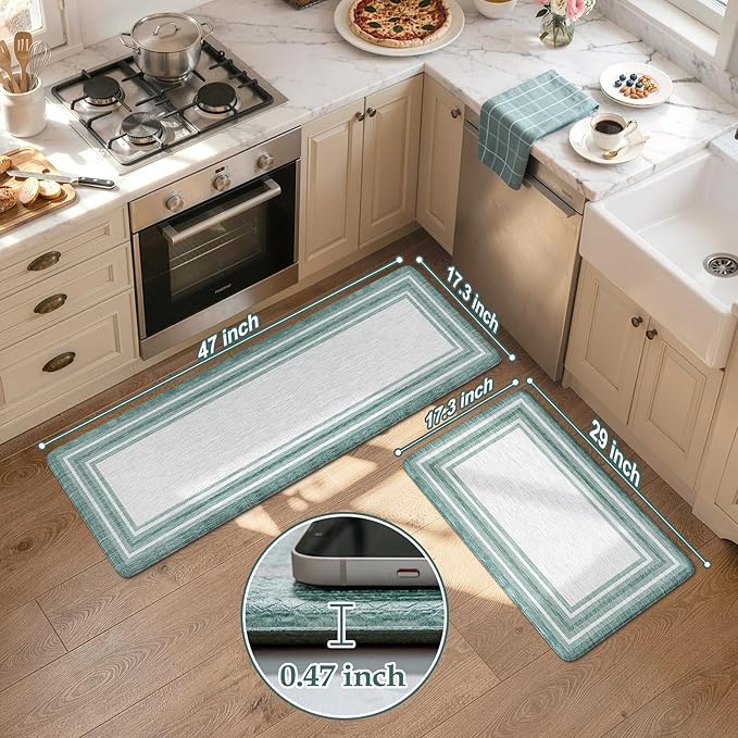 KIMODE Anti Fatigue Kitchen Mats,Farmhouse Kitchen Rugs Non Slip Rubber Backing,Waterproof Kitchen Mat for Floor,Green Laundry Room Rug,Cushioned Standing Desk Mat for Kitchen Decor,Bathroom Sink