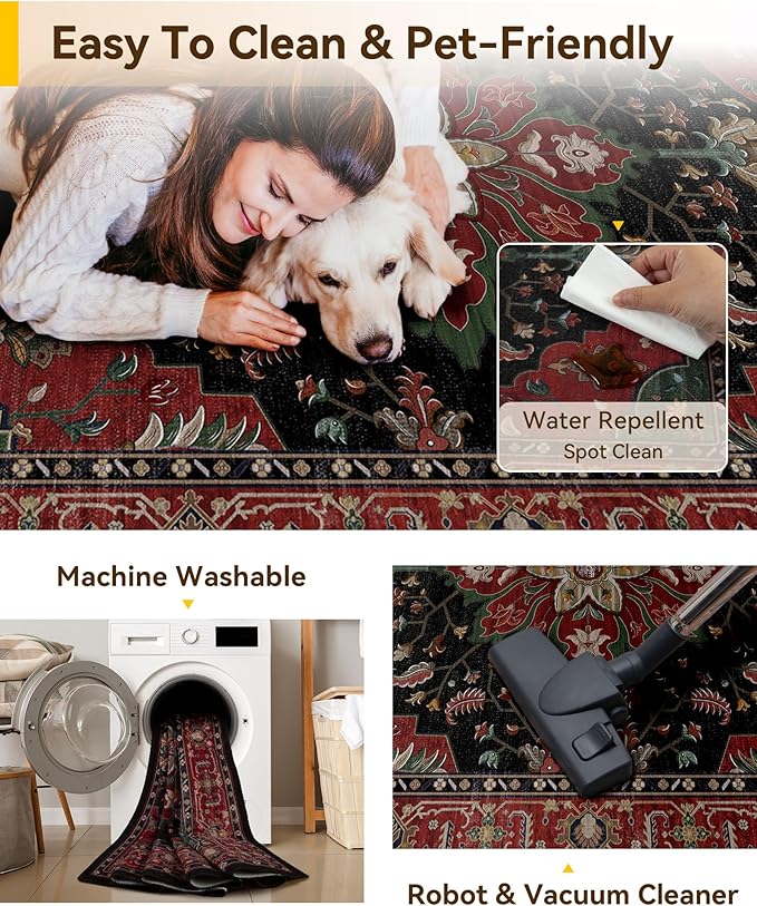 RELEANY Area Rugs Large 10'x14' Washable Non-Slip, Floral Vintage Distress Medallion Carpet for Living Room Bedroom Dining Room, Red Black