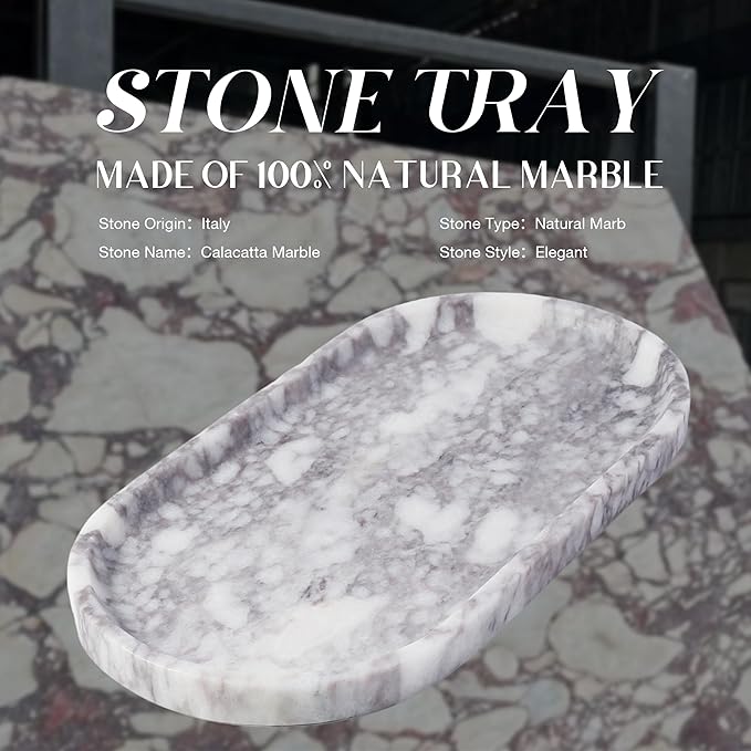 Koville Real Luxurious Natural Marble Vanity Tray, 10"x5" Calacatta Viola Marble Catchall Tray for Bathroom, Stone Perfume Trays Jewelry Dish for Dresser, Genuine Stone Storage Tray for Home Decor