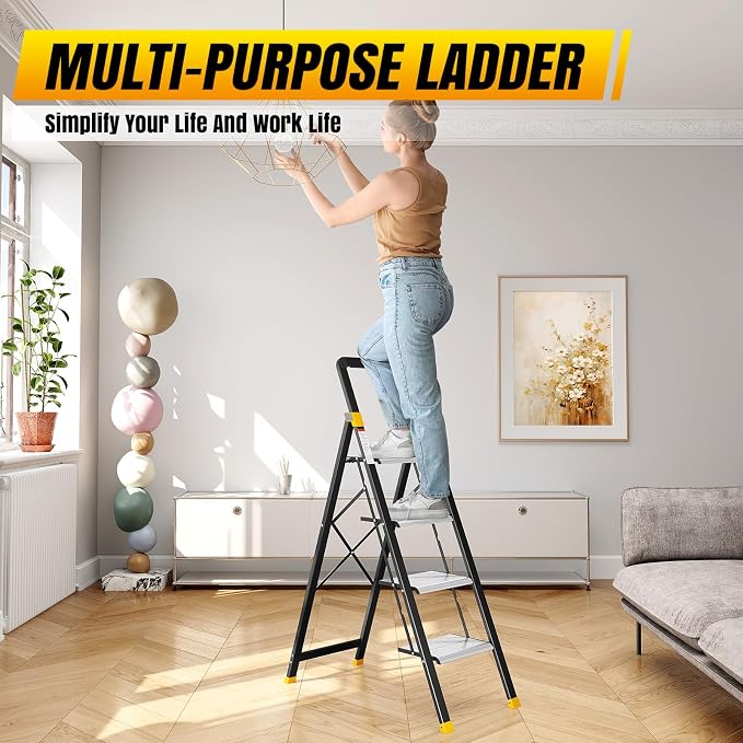 KINGRACK 4 Step Ladder, Aluminium Folding Step Stool with Anti-Slip Wide Pedals & Comfortable Handrail, 330lbs Load Capacity, Space Saving Design for Home & Kitchen, Sturdy and Portable, Silver